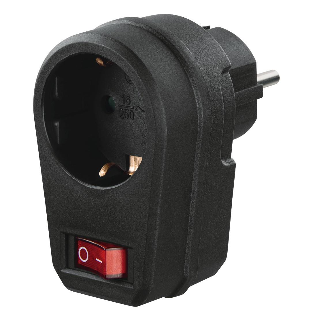 Steckdosenadapter, Schutzkontakt-Steckdose, Schalter, Schwarz (00223214)