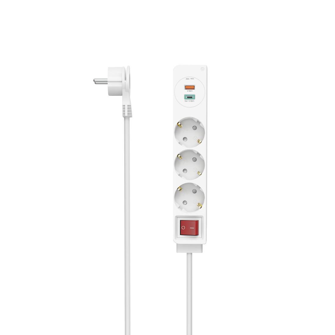 Steckdosenleiste, 3-fach, USB-C/A 18W, PD/FC, Schalter, Flachst., 1,4 m, W (00223185)
