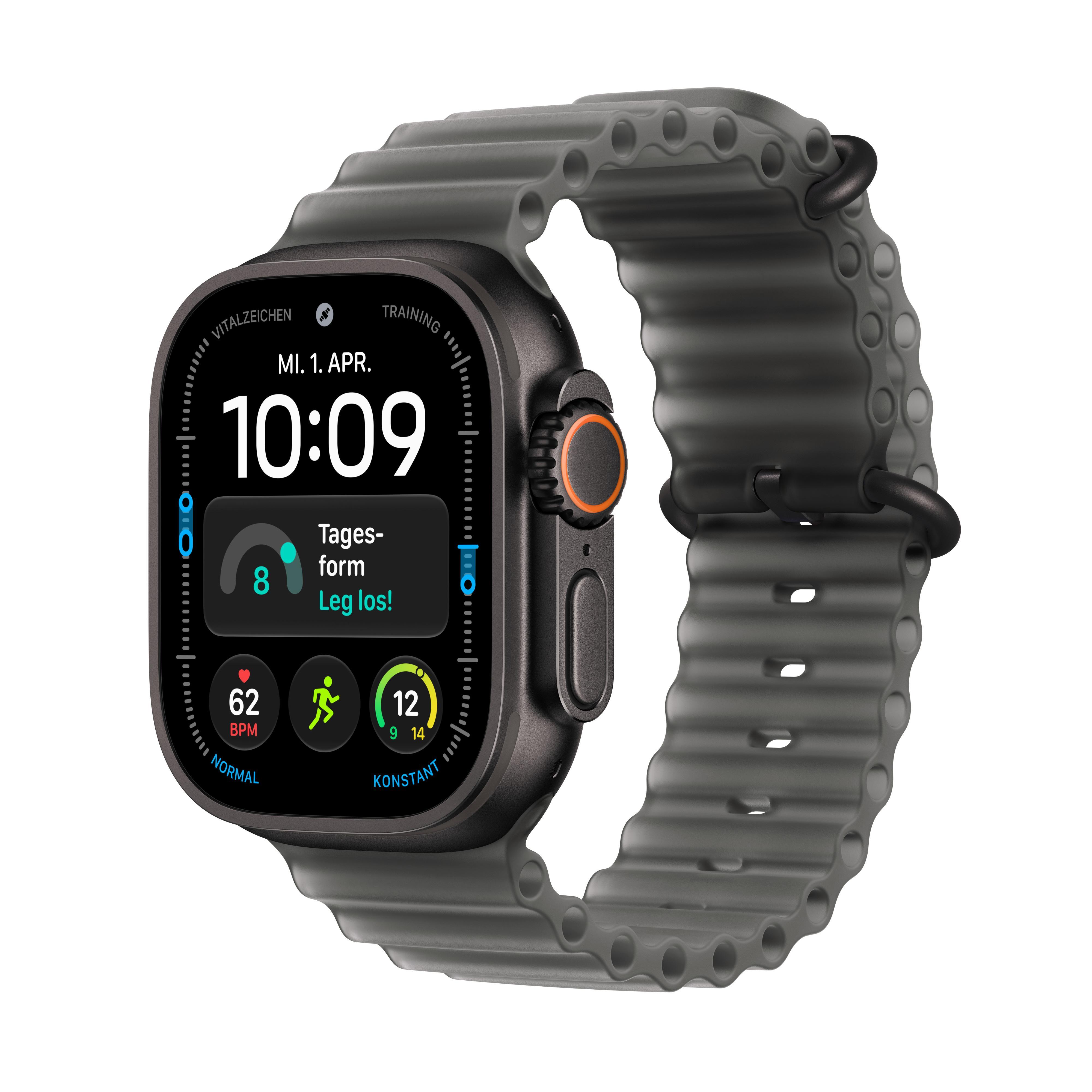 Watch Ultra 4, GPS + Cellular, 49mm, Schwarz Titaniumgehäuse mit Halbtransparentem Ozean Armband Smartwatch