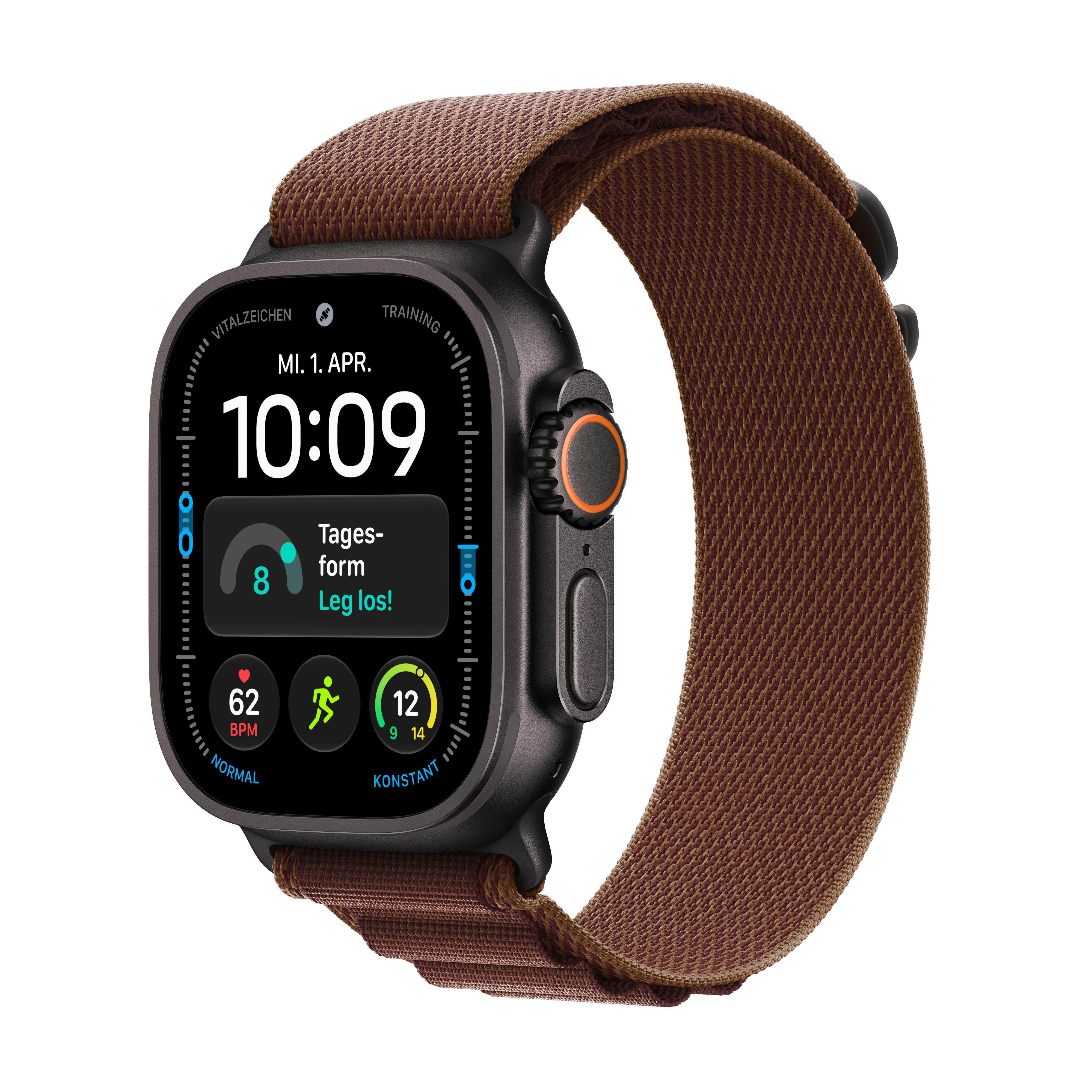 Watch Ultra 4, GPS + Cellular, 49mm, Schwarz Titaniumgehäuse mit Burgund Alpine Armband - L Smartwatch