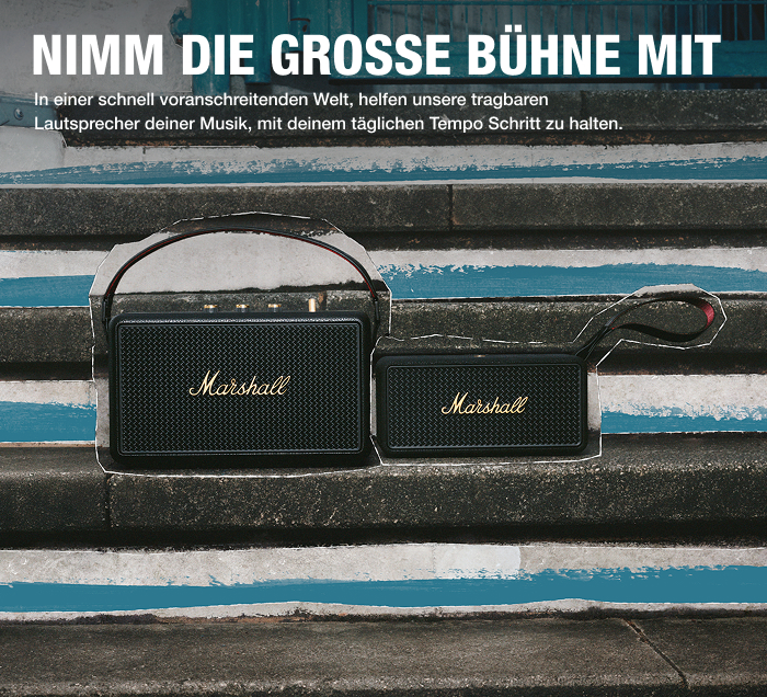 Zwei tragbare Marshall Bluetooth-Lautsprecher mit Trageschlaufe auf Steintreppen, darüber Schriftzug „Nimm die große Bühne mit“.