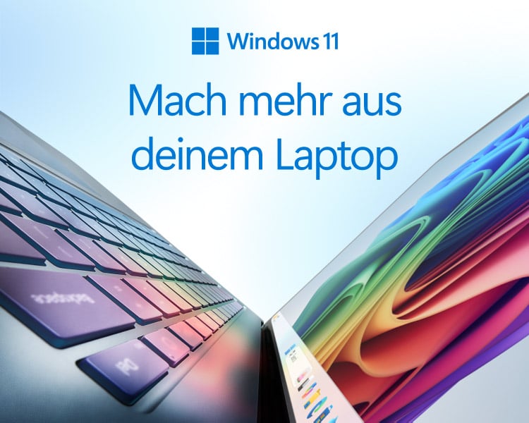 Laptop mit Windows 11 Schriftzug und farbigem Display