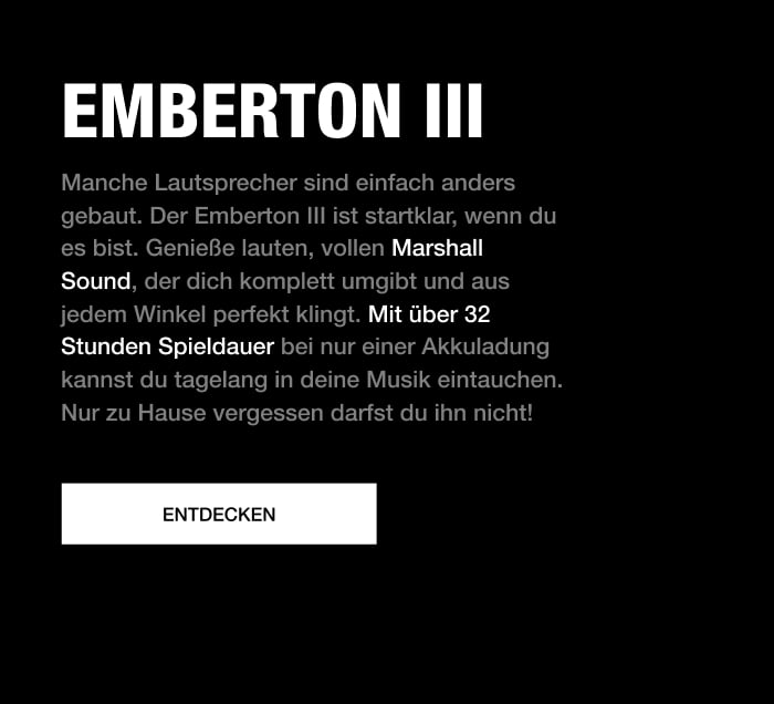 Schwarzer Hintergrund mit Textbeschreibung zum Marshall Emberton III Bluetooth-Lautsprecher und Schaltfläche „Entdecken“.