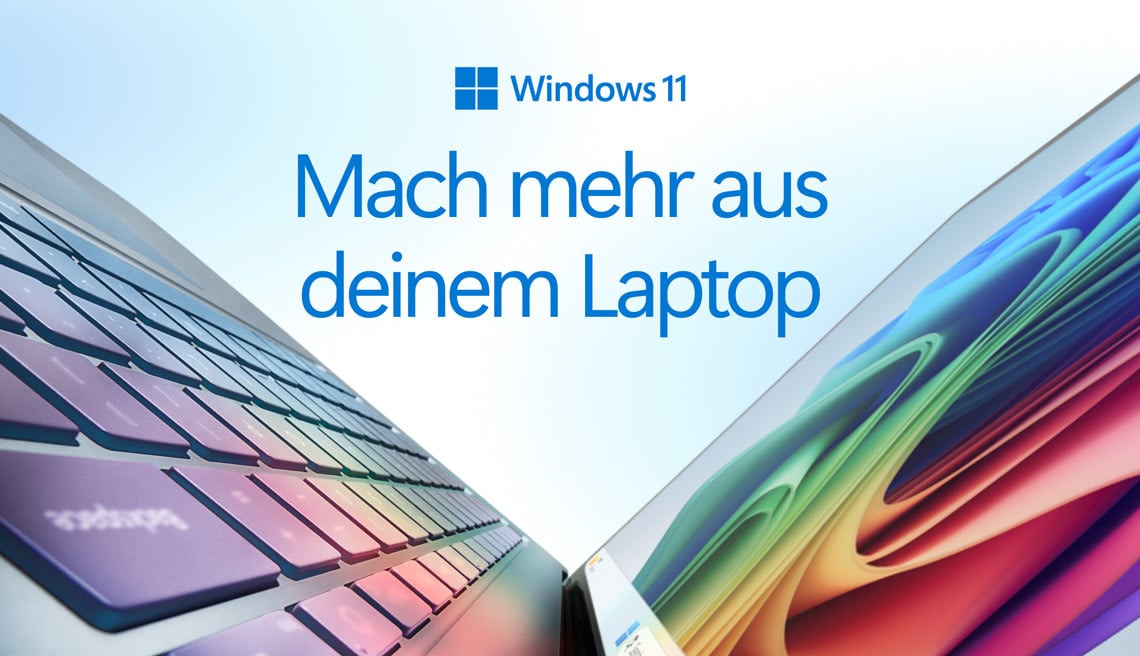 Windows 11 – Laptop mit farbigem Display und dem Hinweis „Mach mehr aus deinem Laptop“