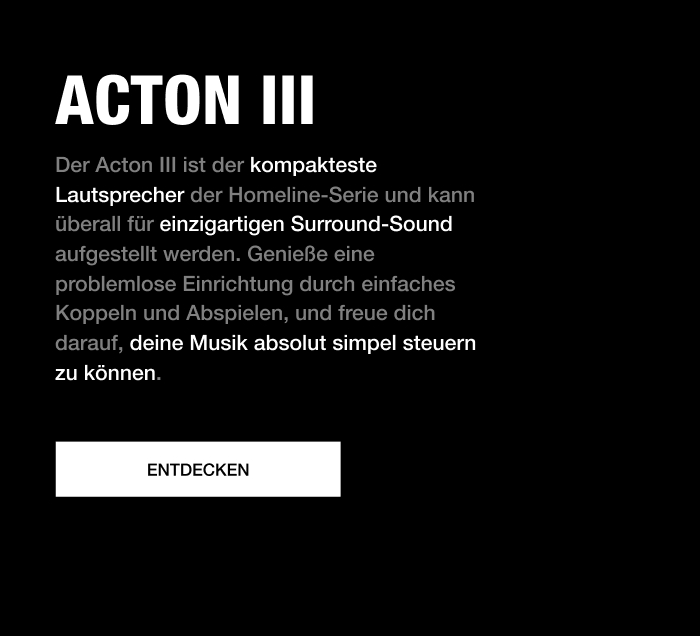 Produkttext zum Marshall Acton III – kompakter Bluetooth-Lautsprecher mit Surround-Sound und einfacher Steuerung.