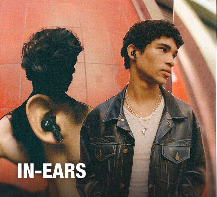 Schriftzug "In-Ears" und Person mit Marshall In-Ears