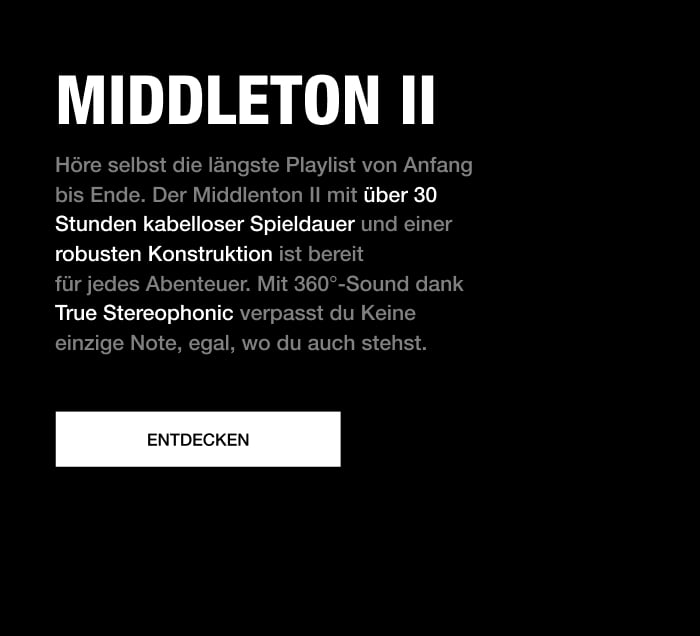 Schwarzer Hintergrund mit Text zum Marshall Middleton II Bluetooth-Lautsprecher und Schaltfläche „Entdecken“.