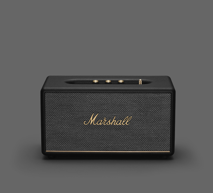 Marshall Stanmore III Bluetooth-Lautsprecher in Schwarz mit Retro-Design und goldenen Bedienelementen.