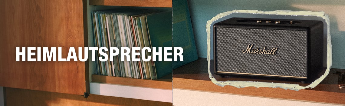 Banner "Heimlautsprecher" mit Marshall Lautsprecher in Regal
