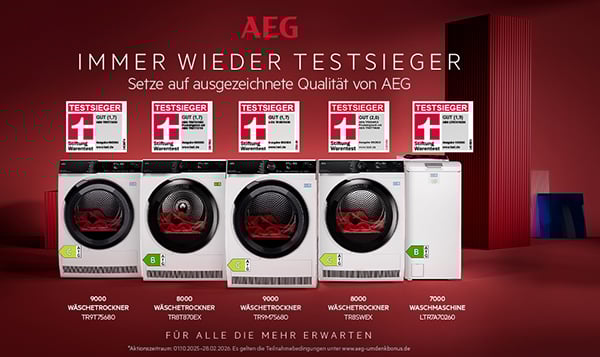 AEG immer wieder Testsieger – ausgezeichnete Waschmaschinen und Waschtrockner mit Top-Bewertung von Stiftung Warentest.