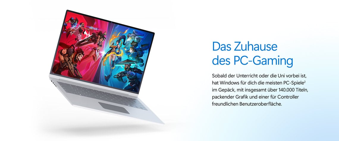Laptop mit Spielszene auf dem Display und Hinweis auf PC-Gaming