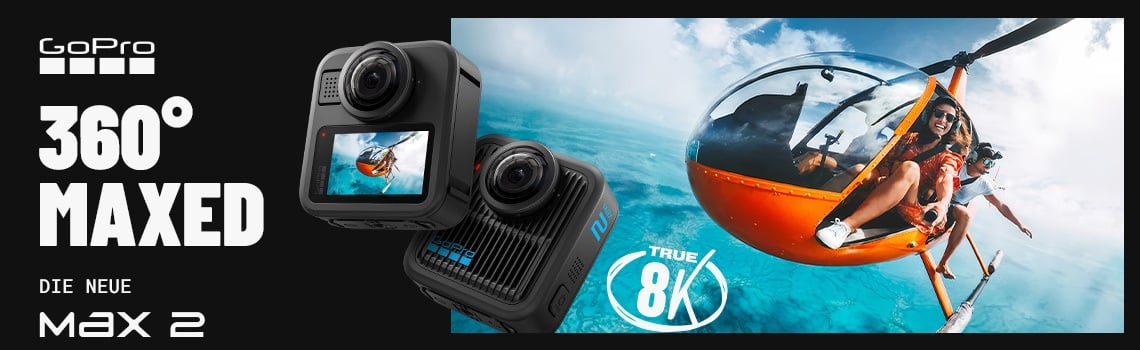 GoPro Max 2 – 360-Grad-Actionkamera mit 8K-Auflösung, gezeigt mit Abenteuer-Szene im Helikopter.