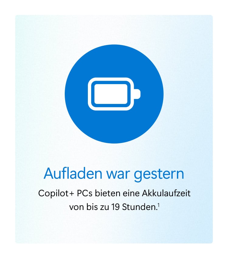 Akkusymbol mit Hinweis auf Copilot+ PCs und lange Akkulaufzeit