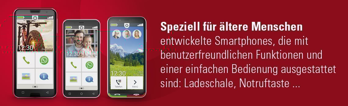 Speziell für ältere Menschen entwickelte Smartphones, die mit benutzerfreundlichen Funktionen und einer einfachen Bedienung ausgestattet sind: Ladeschale, Notruftaste ...