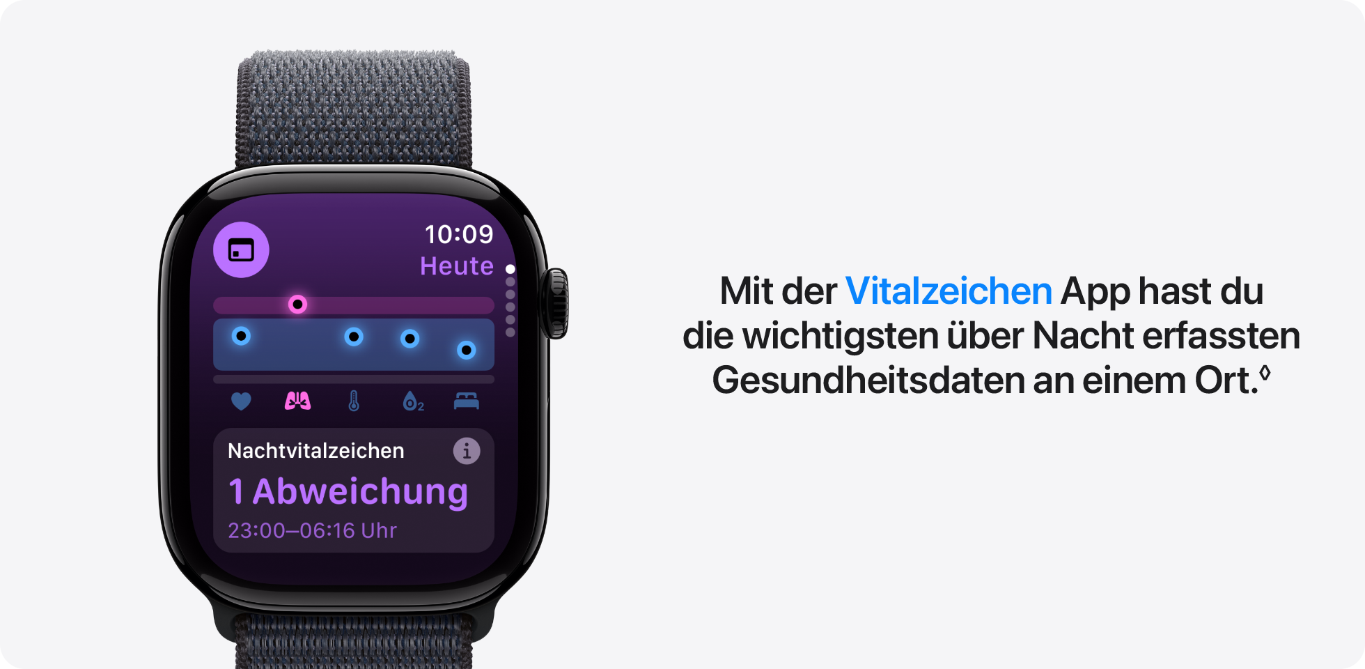 Mit der Vitalzeichen App hast du die wichtigsten über Nacht erfassten Gesundheitsdaten an einem Ort. Mit der Vitalzeichen App hast du die wichtigsten über Nacht erfassten Gesundheitsdaten an einem Ort.