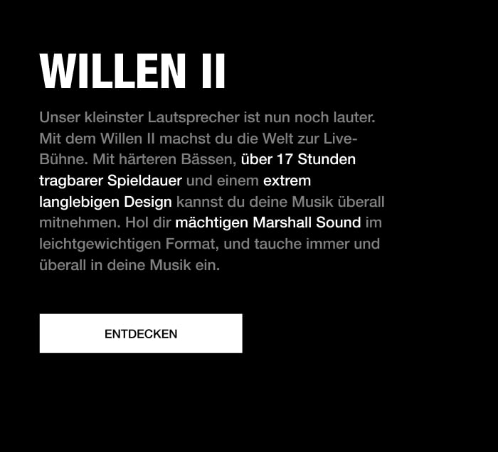 Schwarzer Hintergrund mit Textbeschreibung zum Marshall Willen II Bluetooth-Lautsprecher und Schaltfläche „Entdecken“.