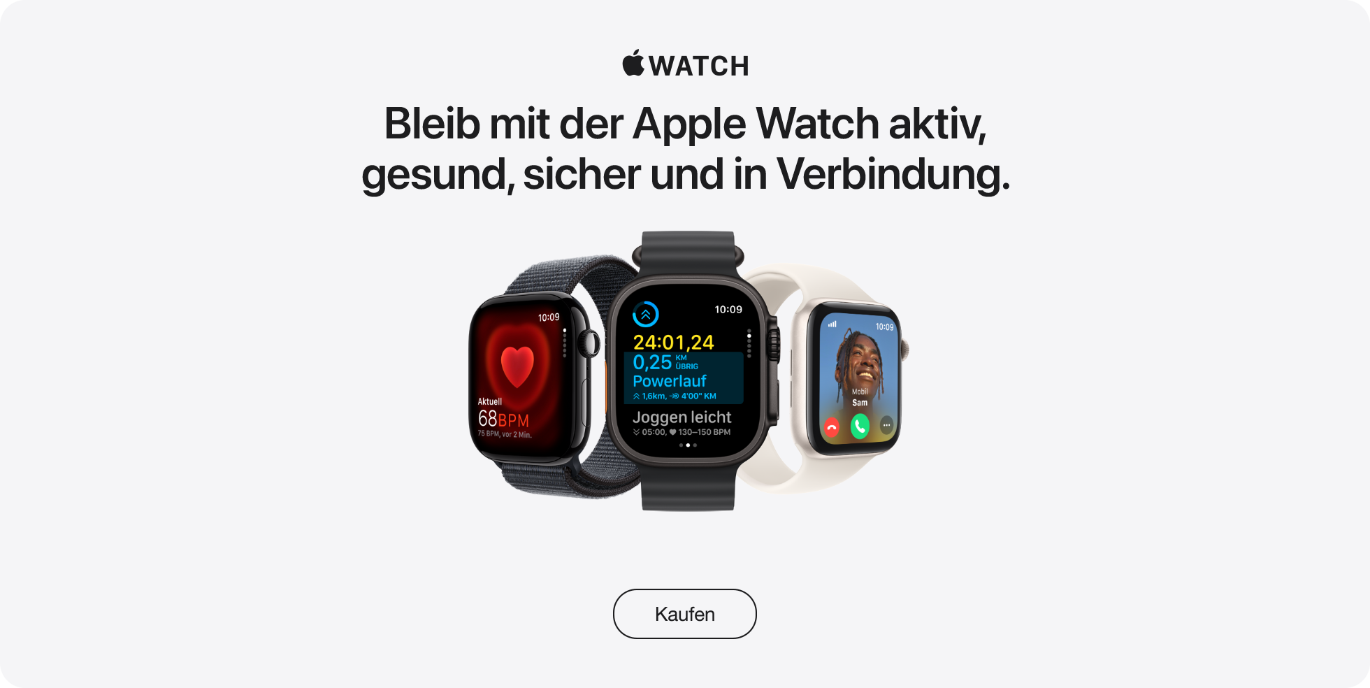 Bleib mit der Apple Watch aktiv, gesund, sicher und in Verbindung. Bleib mit der Apple Watch aktiv, gesund, sicher und in Verbindung.