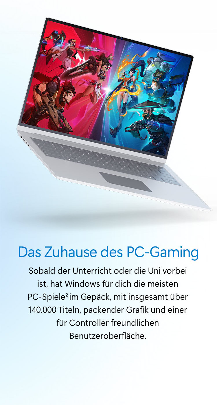 Laptop mit Spielszene auf dem Display und Hinweis auf PC-Gaming