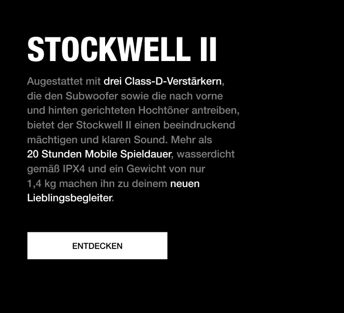 Textbanner zum Marshall Stockwell II – tragbarer Bluetooth-Lautsprecher mit 20 Stunden Akkulaufzeit und klarem Sound.