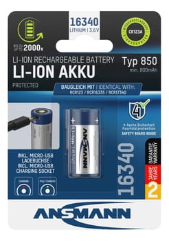 Li-Ion Akku 16340 / RCR123 850 mAh mit Micro-USB Ladebuchse