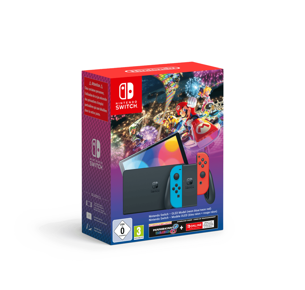 Switch (OLED-Modell) Neon Rot/Neon Blau + Mario Kart 8 Deluxe + 3 Monate Online Mitgliedschaft