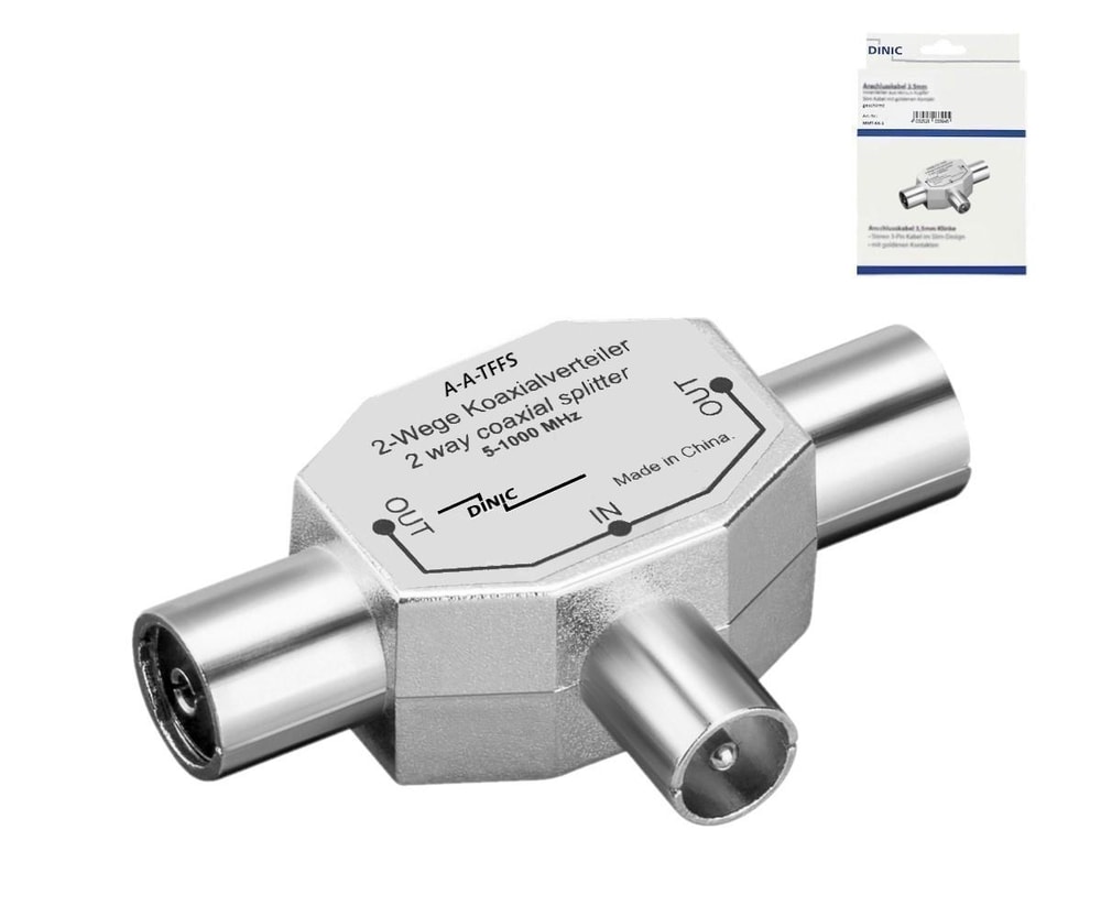 Verteiler 2x Koaxialkupplung auf 1x Koaxialstecker, 2 Radiogeräte auf 1 Antennendose, Metall