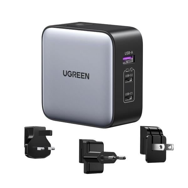 65W Reiseladegerät, USB-A, USB-C, EU, UK, US, Grau