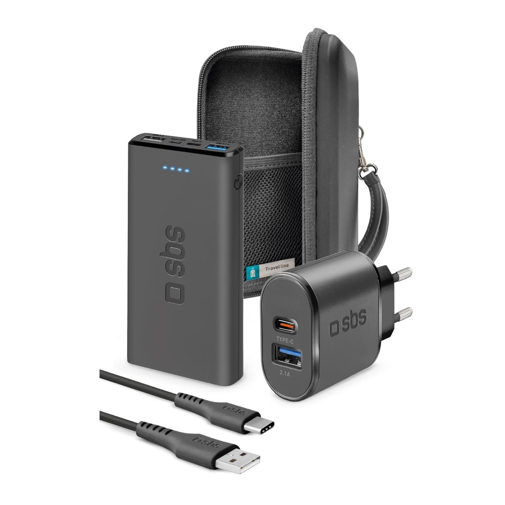 Reise-Kit mit Organizer, Powerbank, Wandladegerät und USB-USB-C-Kabel Schwarz