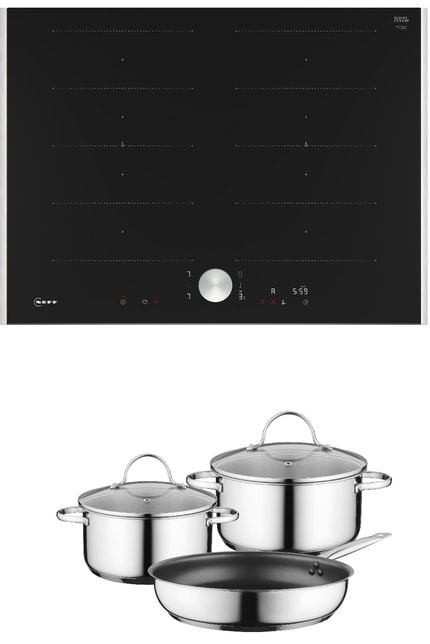 Abbildung Autarkes Flex-Induktionskochfeld mit Twist Pad® Steuerung, dazu 2 Töpfe und eine Pfanne für optimales Anbraten, Schmoren und Brutzeln
