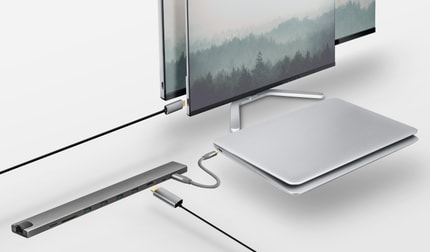 Abbildung Elegante 10-in-1 USB-C Multi-Port-Dockingstation aus Aluminium zur Bereitstellung von HDMI-, Netzwerk-, Kartenleser-, USB-C- und USB-A-Anschlüssen über einen einzelnen USB-C-Anschluss