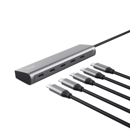 Abbildung Aluminium-USB-C-Hub für vier zusätzliche USB-C-Anschlüsse und einen Durchgangsstromanschluss an Ihrem Laptop