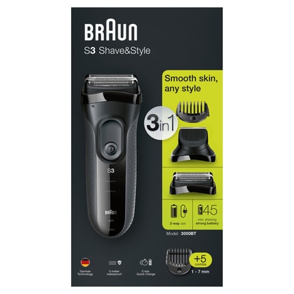 Abbildung Der Braun Series 3 Shave&Style wiederaufladbare Rasierer für Herren ist das ideale 3-in-1-Tool zum Rasieren für Herren
