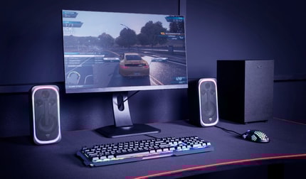 Abbildung Leistungsstarkes 2.1-Lautsprecherset mit individuell anpassbarer RGB LED-Beleuchtung, HDMI-Eingang und Bluetooth-Funktechnologie