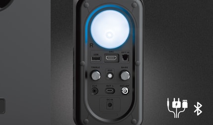 Abbildung Leistungsstarkes 2.1-Lautsprecherset mit individuell anpassbarer RGB LED-Beleuchtung, HDMI-Eingang und Bluetooth-Funktechnologie