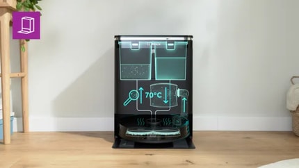 Abbildung Nass-Trocken-Servicestation: Reinigen der Wischpads, Füllen des Wassertanks, Entleeren der Staubbox und Aufladen – alles automatisch.