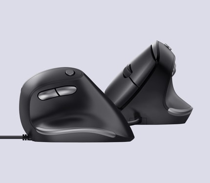 Abbildung Maus mit ergonomischem vertikalem Design für reduzierte Beanspruchung von Arm und Handgelenk