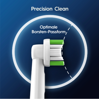 Abbildung Der Oral-B Pro Precision Clean Bürstenkopf passt sich perfekt an jeden Zahn an und entfernt bis zu 100% mehr Plaque als eine Handzahnbürste.