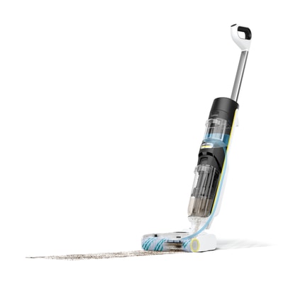 Abbildung Der smarte Saugwischer FCV 4 mit 45 min Akkulaufzeit, Schmutzsensor,Trocknungsstation und antimikrobieller Walze – auch für Teppiche.