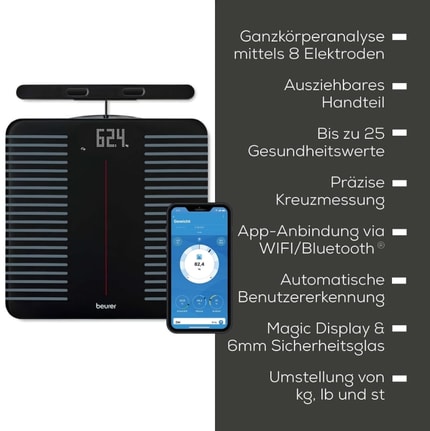Abbildung Die Beurer Diagnosewaage BF 990 mit Handteil besitzt 8 Elektroden und kann mittels Überkreuzmessung zuverlässig und präzise insgesamt 25 Körperdaten ermitteln
