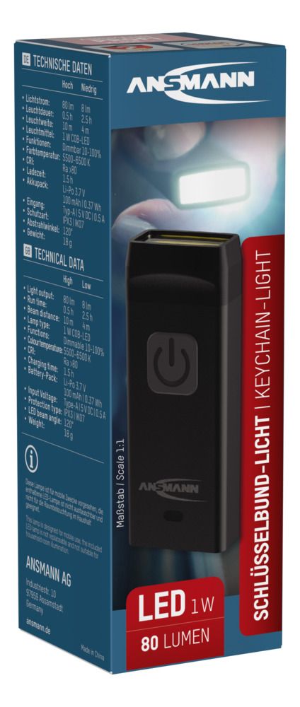 Abbildung Dimmbare LED-Taschenlampe im Miniformat für den Schlüsselbund mit integriertem USB-A-Stecker