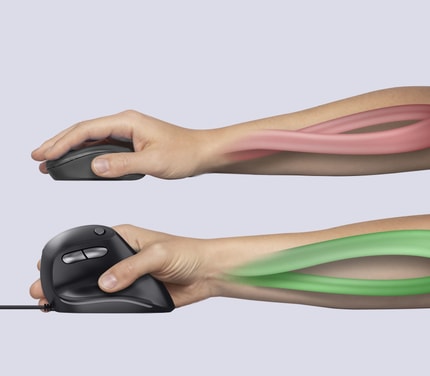 Abbildung Maus mit ergonomischem vertikalem Design für reduzierte Beanspruchung von Arm und Handgelenk