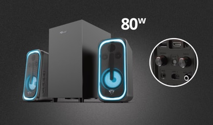 Abbildung Leistungsstarkes 2.1-Lautsprecherset mit individuell anpassbarer RGB LED-Beleuchtung, HDMI-Eingang und Bluetooth-Funktechnologie