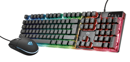 Abbildung Set aus originalgroßer Gaming-Tastatur mit Beleuchtung und Maus mit Anti-Ghosting und Multimedia-Tasten