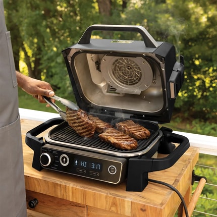 Abbildung Elektrischer Outdoor Grill, Smoker und Heißluftfritteuse mit 6 Kochfunktionen