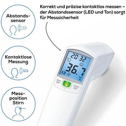 Abbildung Das Thermometer misst neben der Körpertemperatur auch Umgebungs- und Oberflächentemperatur. Der Abstandssensor und der LED-Fieberalarm machen die Messung besonders komfortabel.