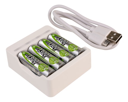 Abbildung Ladegerät mit USB-Eingang für 1-4 NiMH-Akkus der Größen Mignon AA / Micro AAA