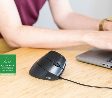 Abbildung Maus mit ergonomischem vertikalem Design für reduzierte Beanspruchung von Arm und Handgelenk