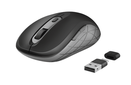 Abbildung Funkmaus mit Mikroempfänger, der über USB-C oder Standard-USB angeschlossen werden kann
