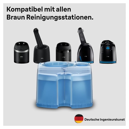 Abbildung Die Braun 3-in-1 ShaverCare Reinigungsflüssigkeit reinigt deinen Rasierer hygienisch, indem sie Haarreste und Hautpartikel entfernt