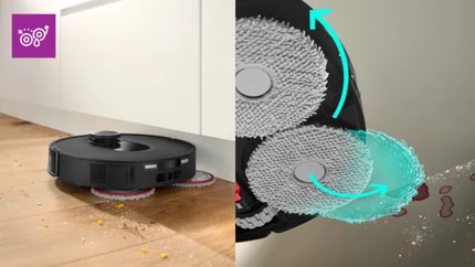 Abbildung Rotierendes Wischpad mit extra Reichweite: Kommt bei der Reinigung bis auf 2 mm an Wände und 30 mm in Ecken.